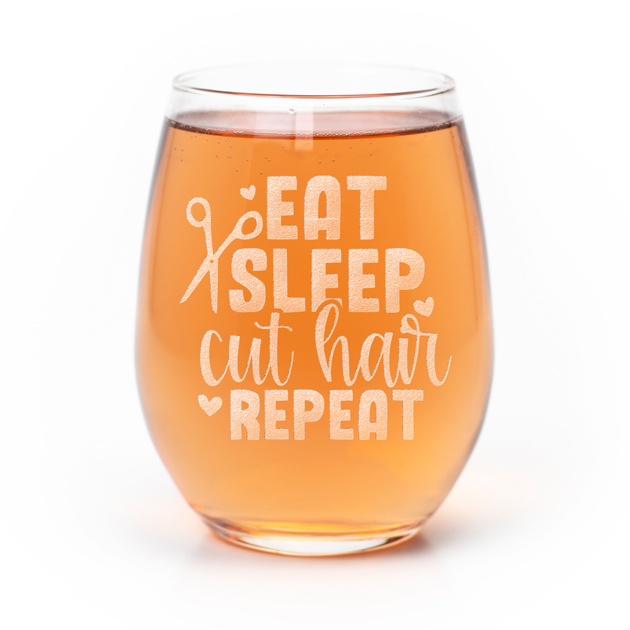 Eat Sleep Cut Hair Stemless Wine Glass