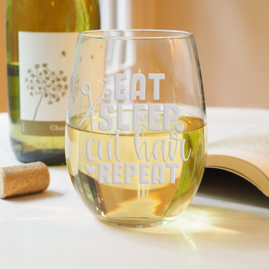 Eat Sleep Cut Hair Stemless Wine Glass