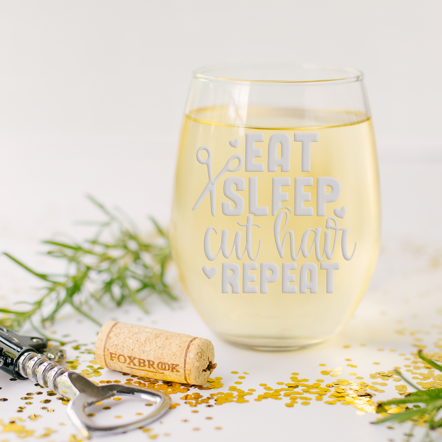 Eat Sleep Cut Hair Stemless Wine Glass