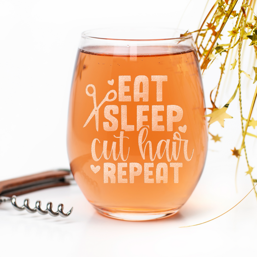 Eat Sleep Cut Hair Stemless Wine Glass
