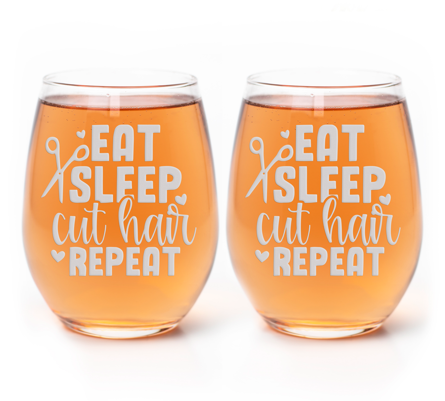 Eat Sleep Cut Hair Stemless Wine Glass