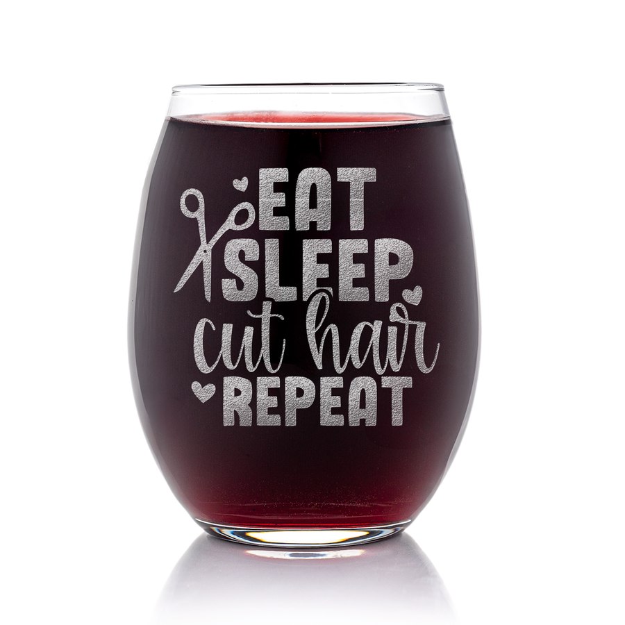 Eat Sleep Cut Hair Stemless Wine Glass