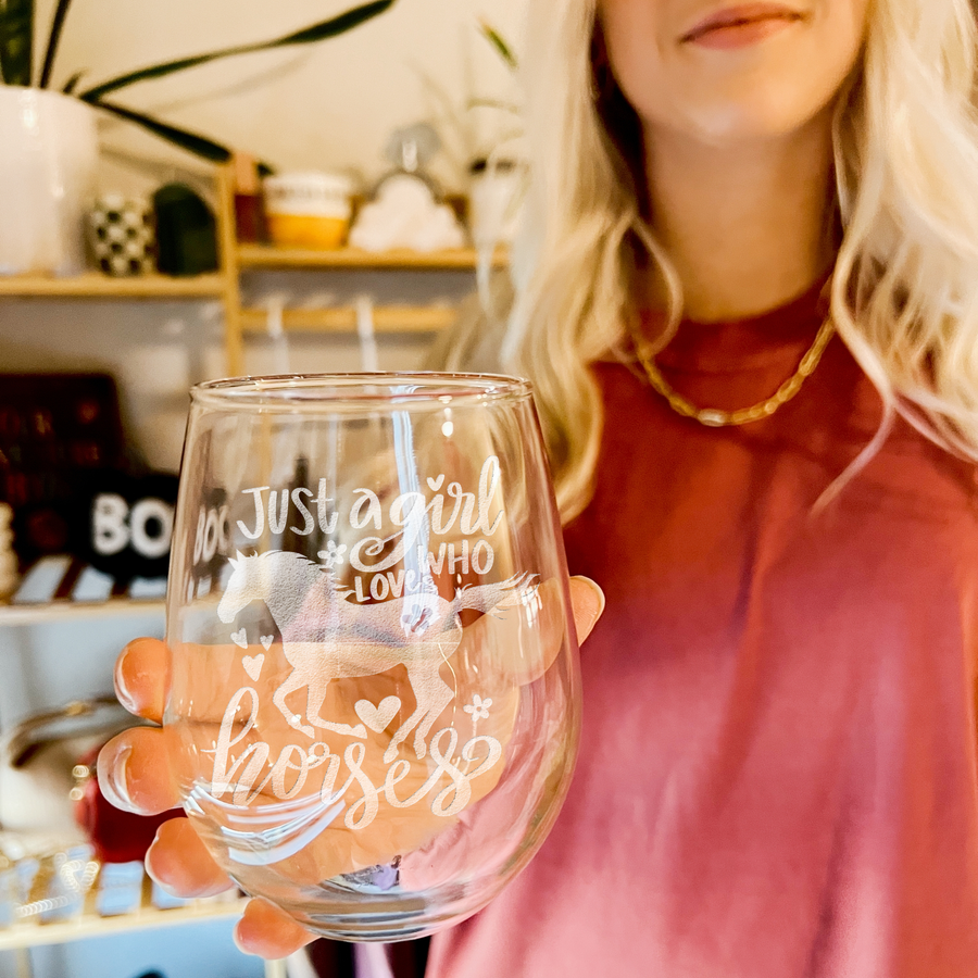 Girl Love Horses Stemless Wine Glass