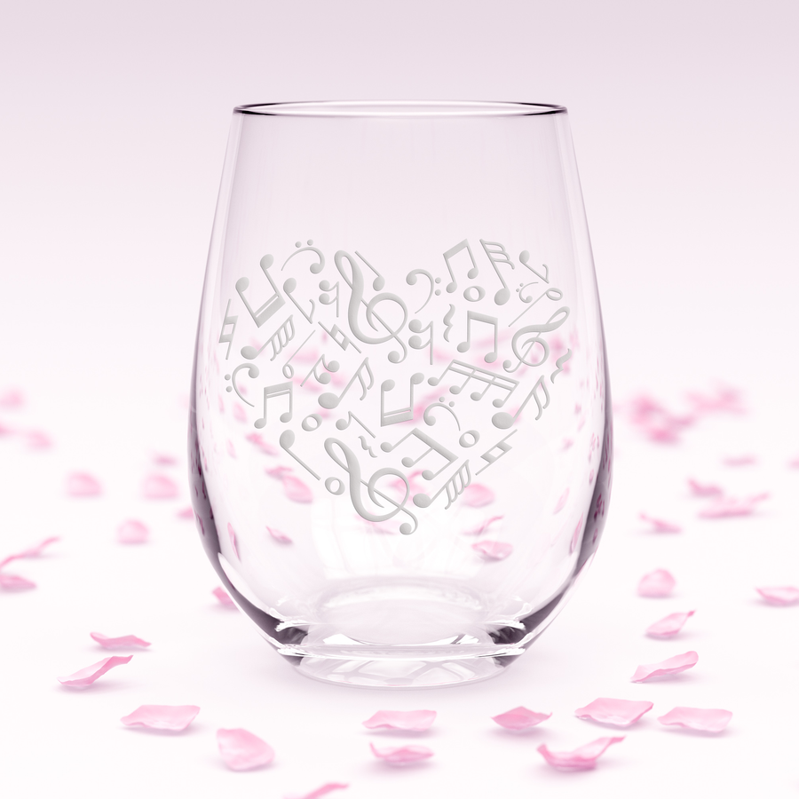 Heart Music Notes Stemless Wine Glass