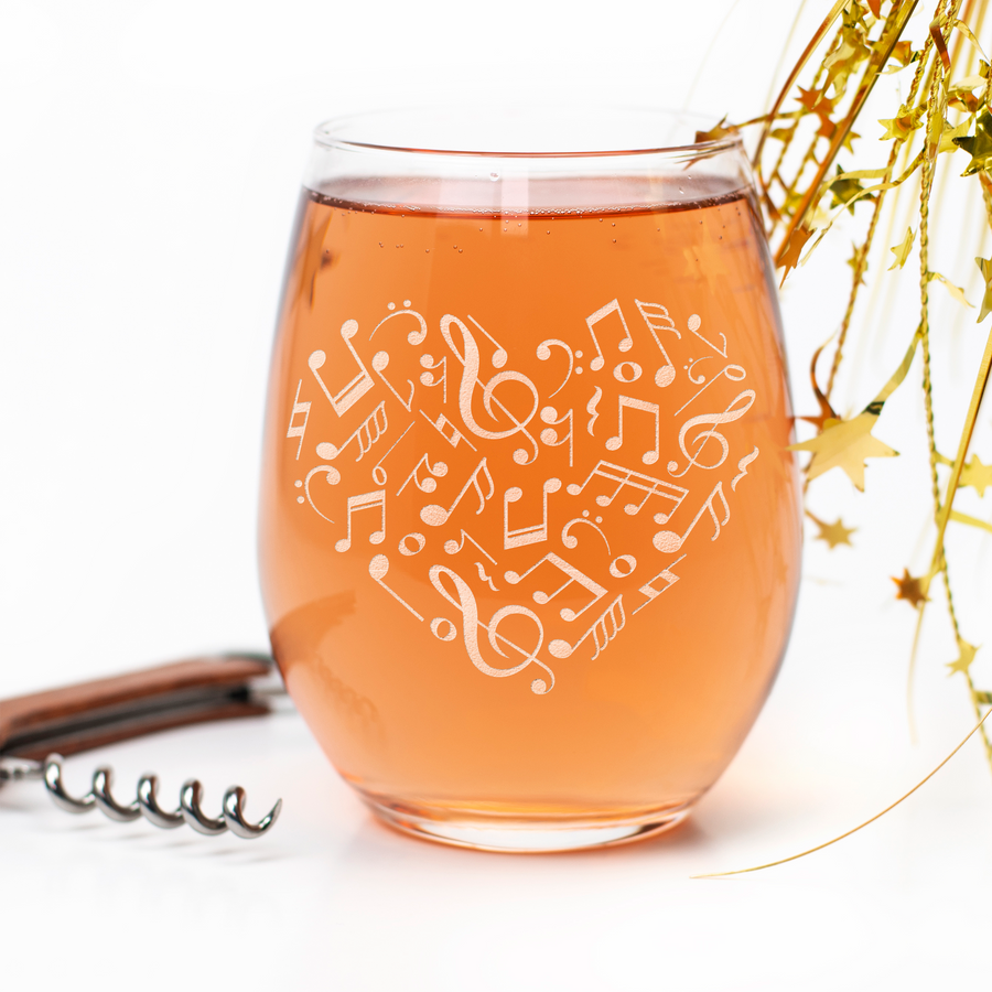 Heart Music Notes Stemless Wine Glass