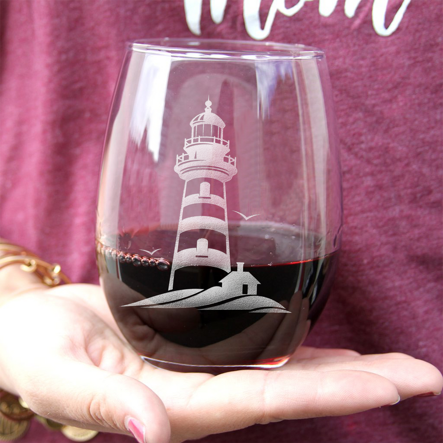 Lighthouse With Birds Stemless Wine Glass