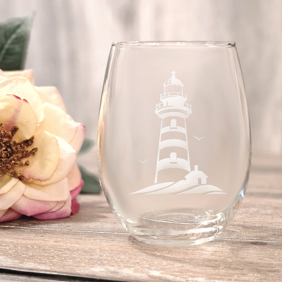 Lighthouse With Birds Stemless Wine Glass