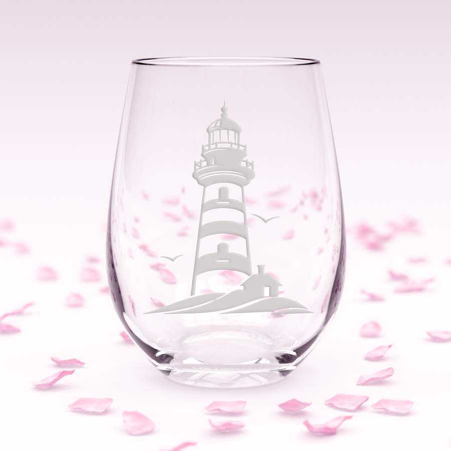 Lighthouse With Birds Stemless Wine Glass