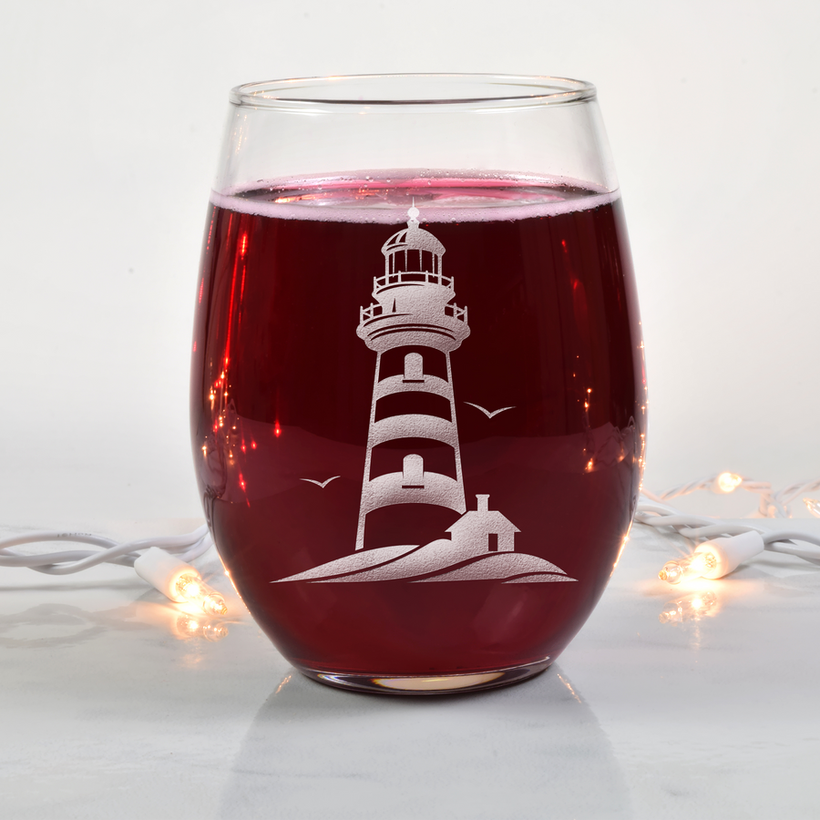 Lighthouse With Birds Stemless Wine Glass