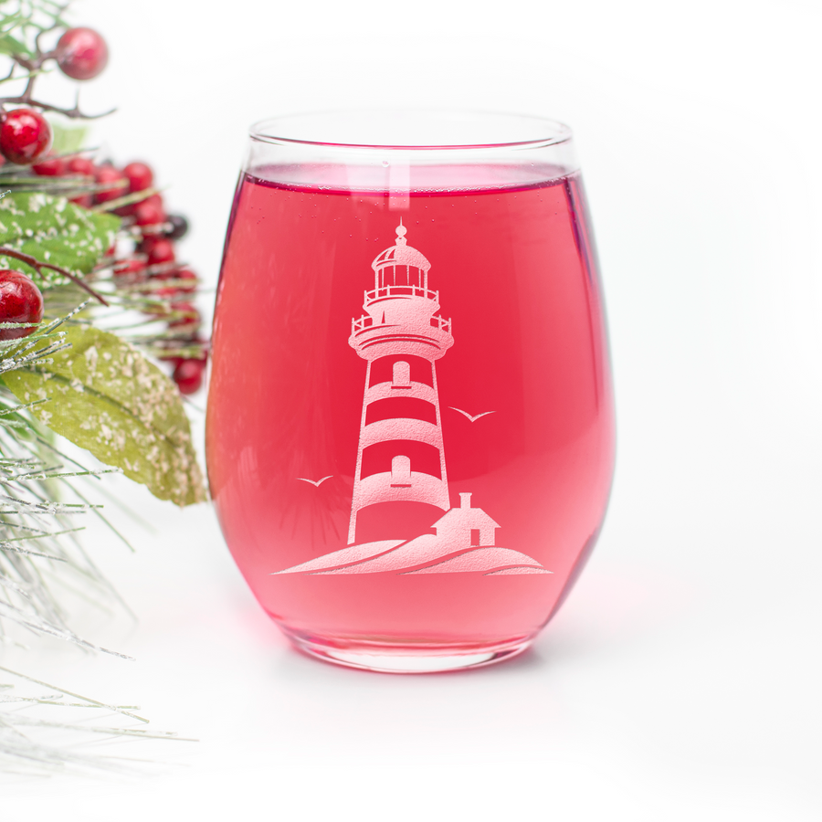 Lighthouse With Birds Stemless Wine Glass