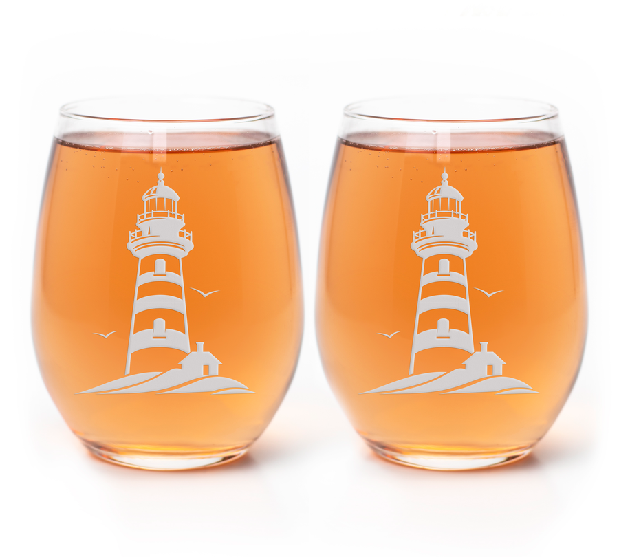 Lighthouse With Birds Stemless Wine Glass
