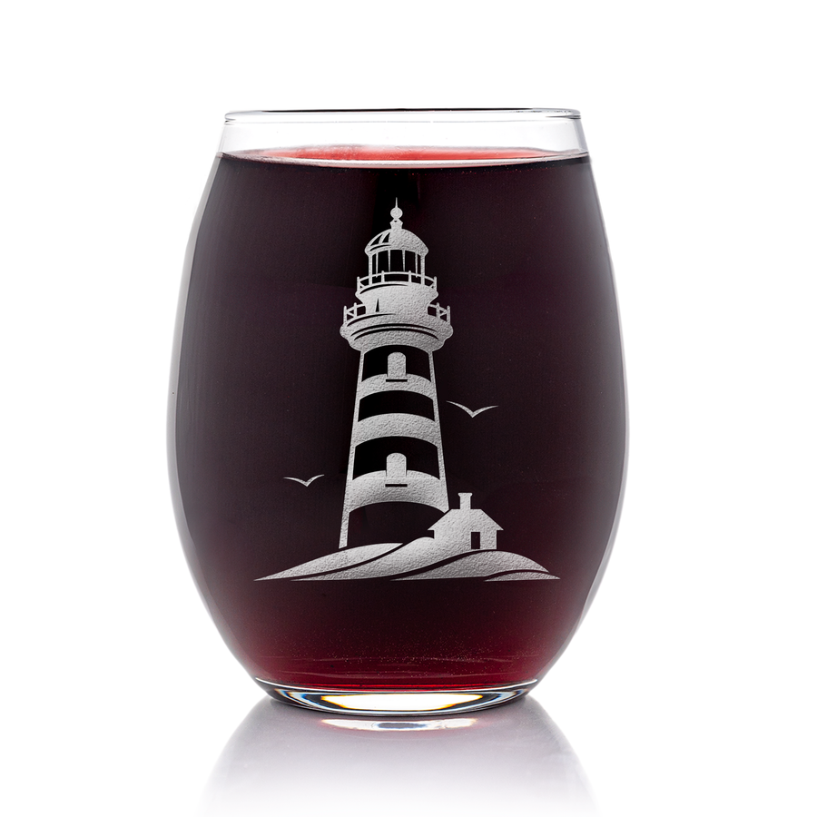 Lighthouse With Birds Stemless Wine Glass