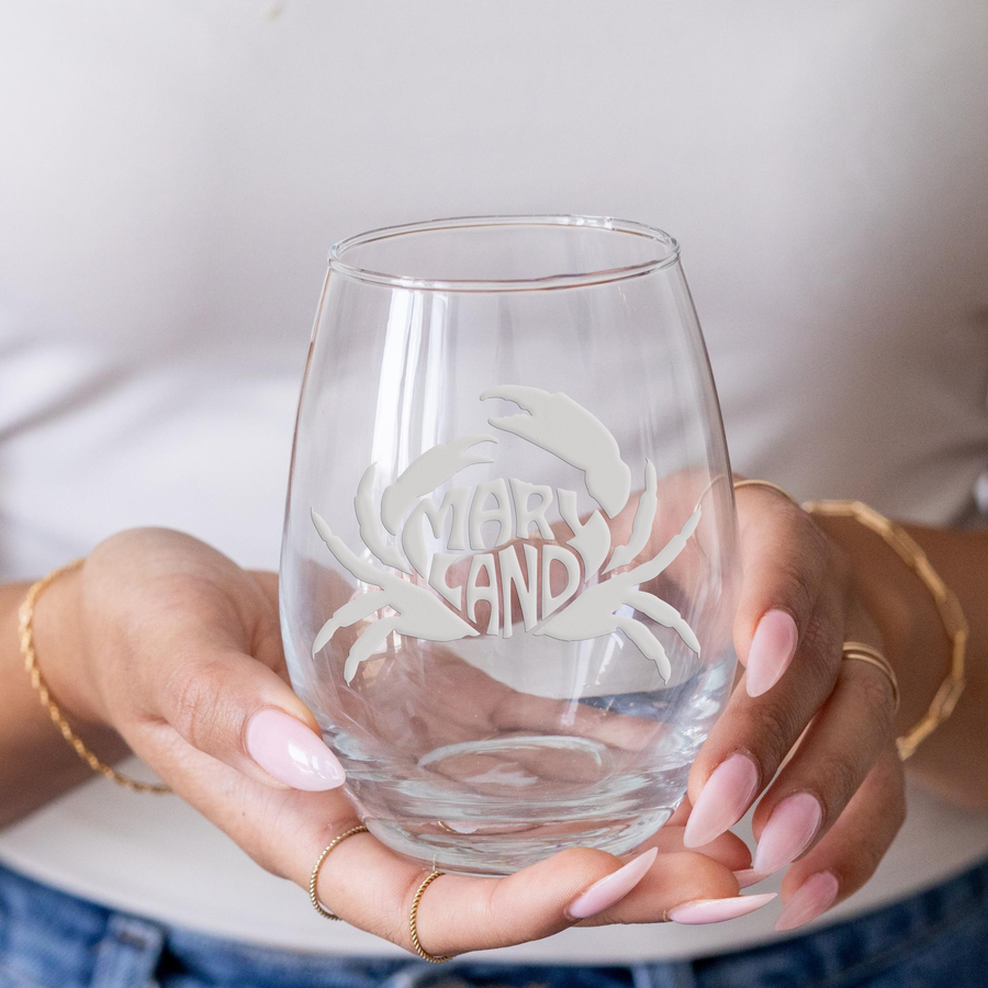 Maryland Crab Text Stemless Wine Glass