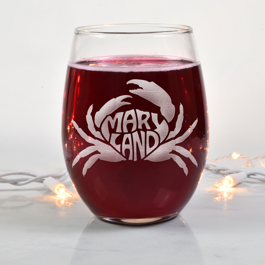 Maryland Crab Text Stemless Wine Glass