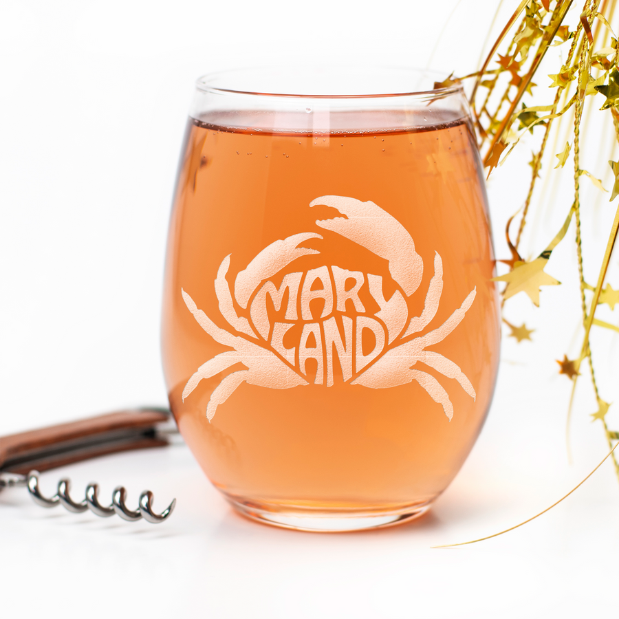 Maryland Crab Text Stemless Wine Glass