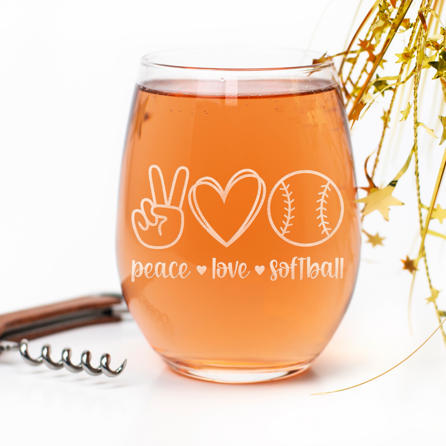 Peace Love Softball Stemless Wine Glass
