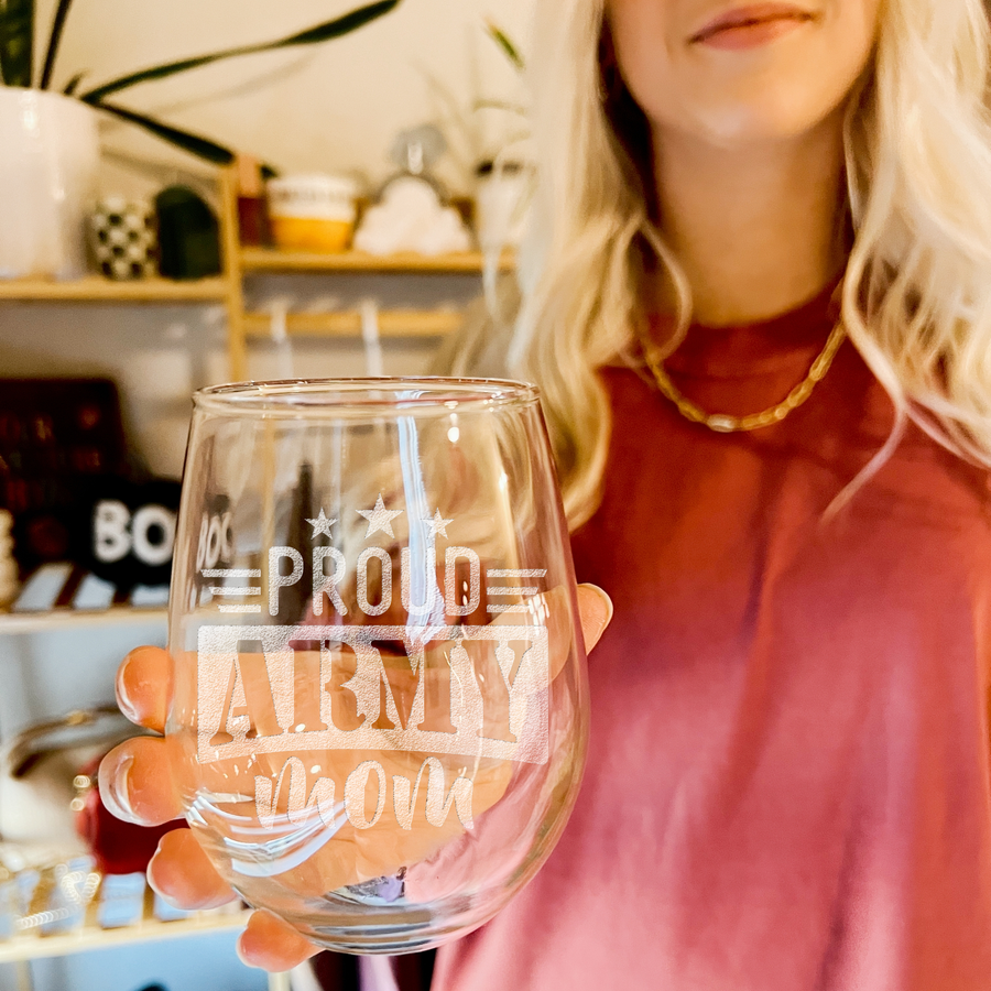 Proud Army Mom Stemless Wine Glass