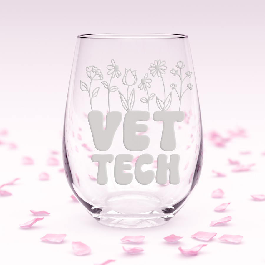 Vet Tech Flowers Stemless Wine Glass