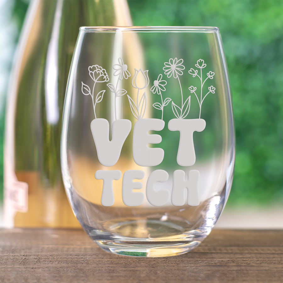 Vet Tech Flowers Stemless Wine Glass