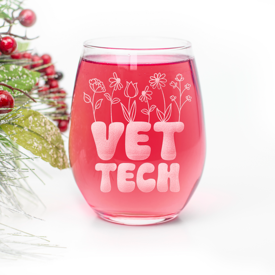 Vet Tech Flowers Stemless Wine Glass