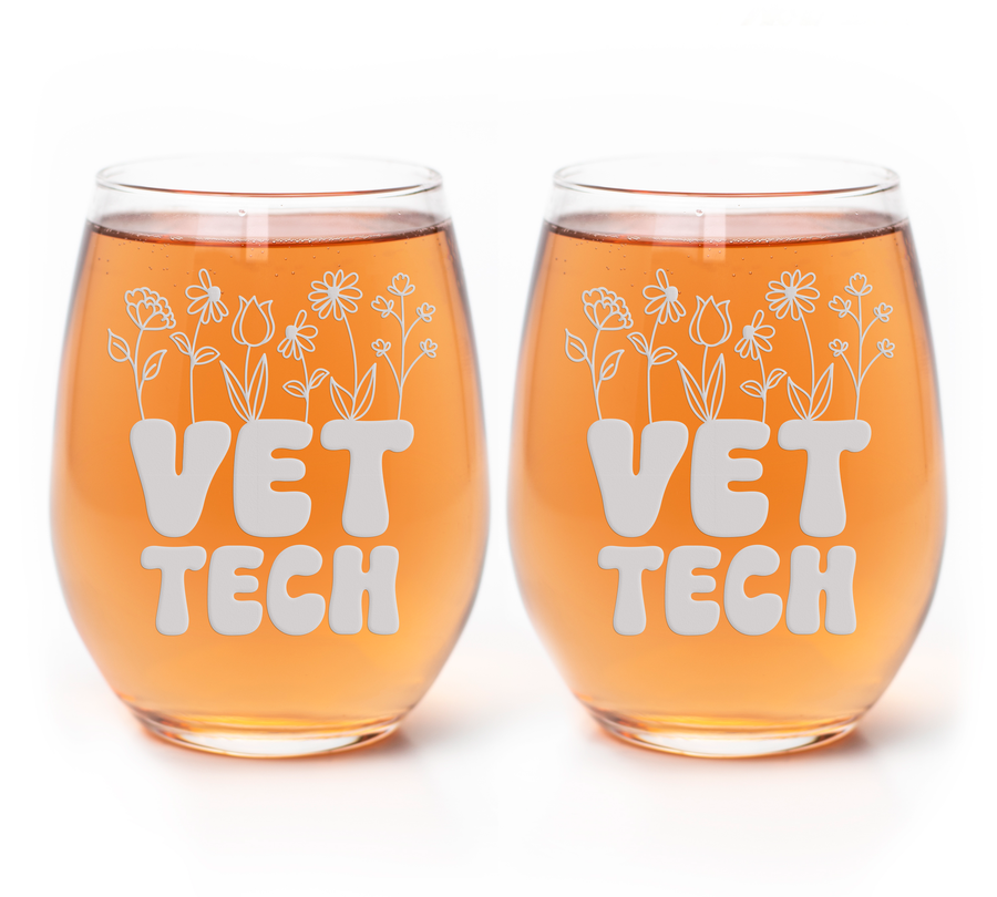 Vet Tech Flowers Stemless Wine Glass