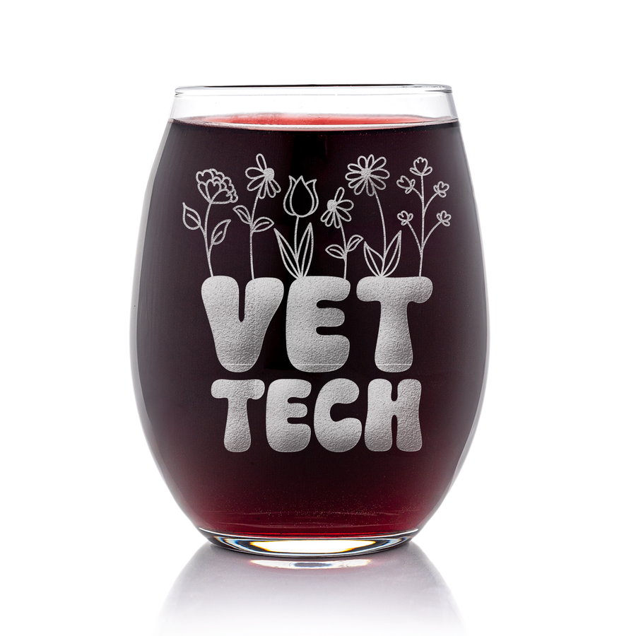 Vet Tech Flowers Stemless Wine Glass