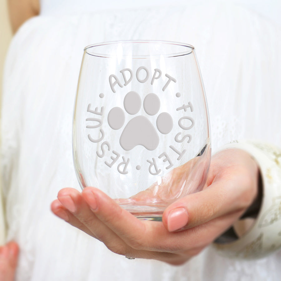 Adopt Foster Rescue Paw Stemless Wine Glass