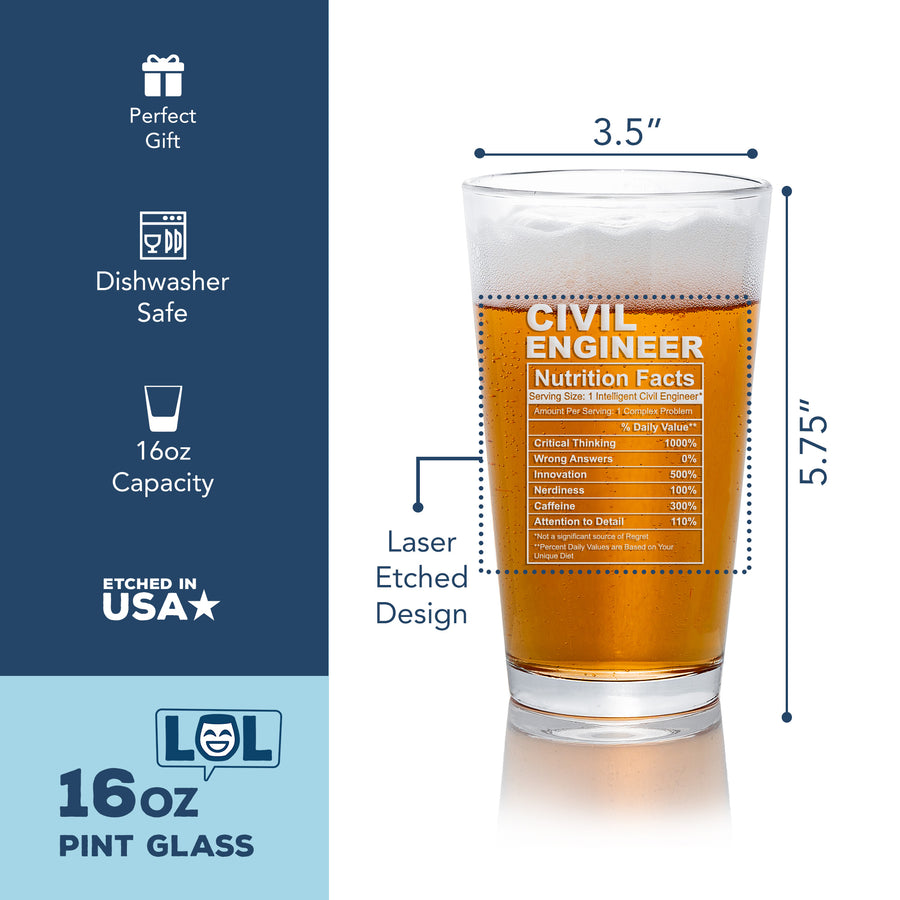 Civil Engineer Nutrition Facts Pint Beer Glass