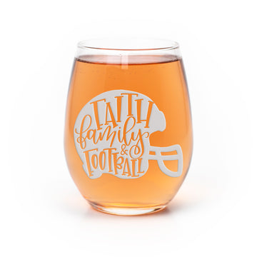 Faith Family Football Stemless Wine Glass