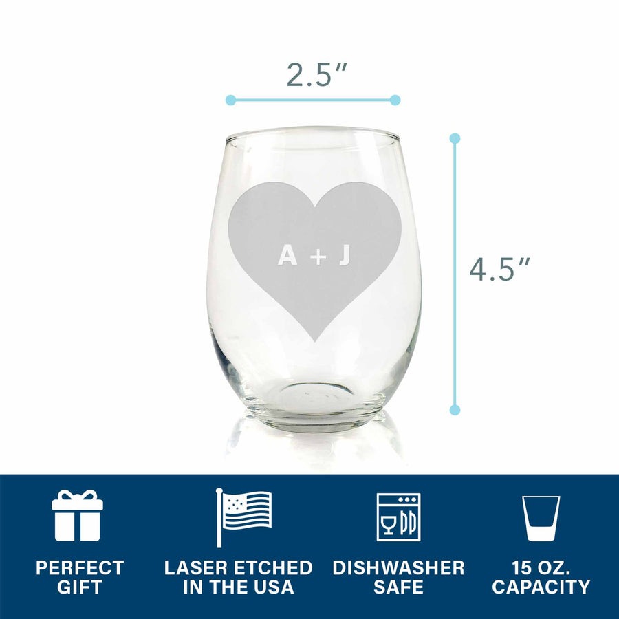 Heart With Initials Custom Stemless Wine Glass