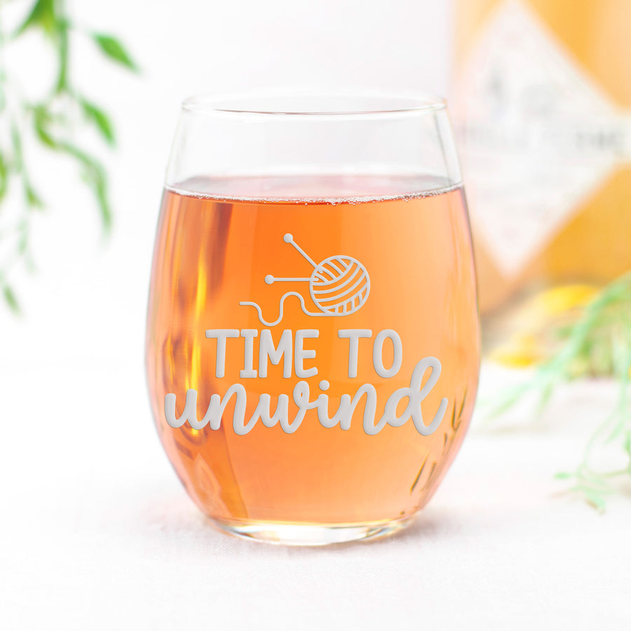 Knitting Time To Unwind Stemless Wine Glass