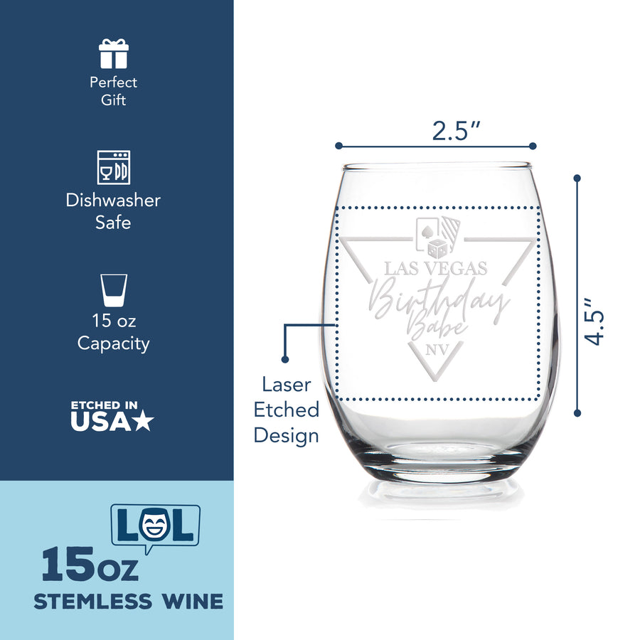 Las Vegas Birthday Babe Stemless Wine Glass
