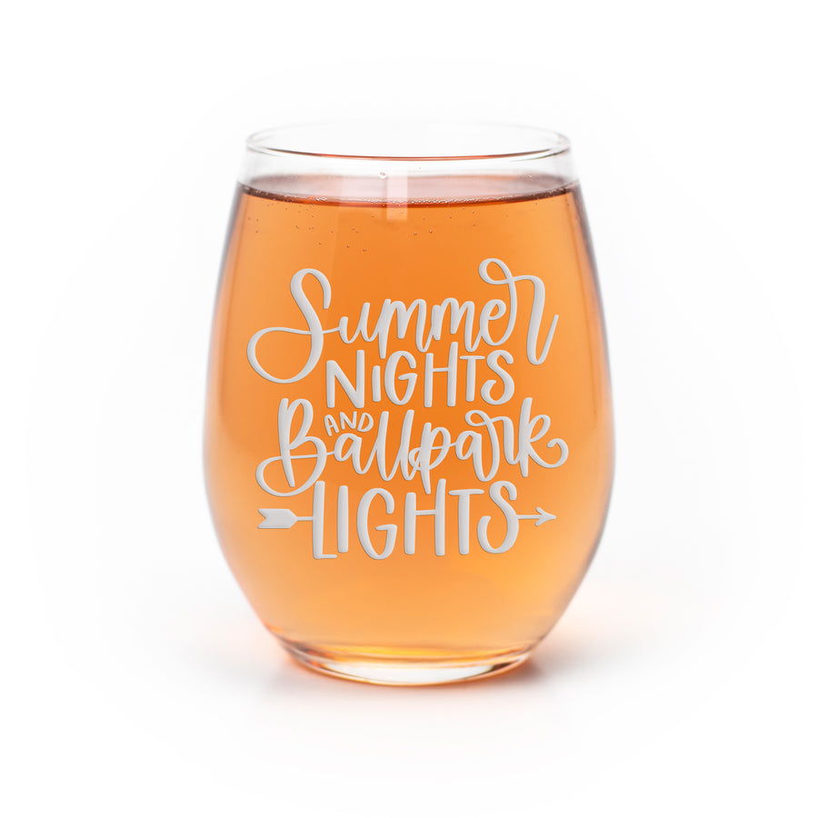 Summer Nights Ballpark Baseball Stemless Wine Glass