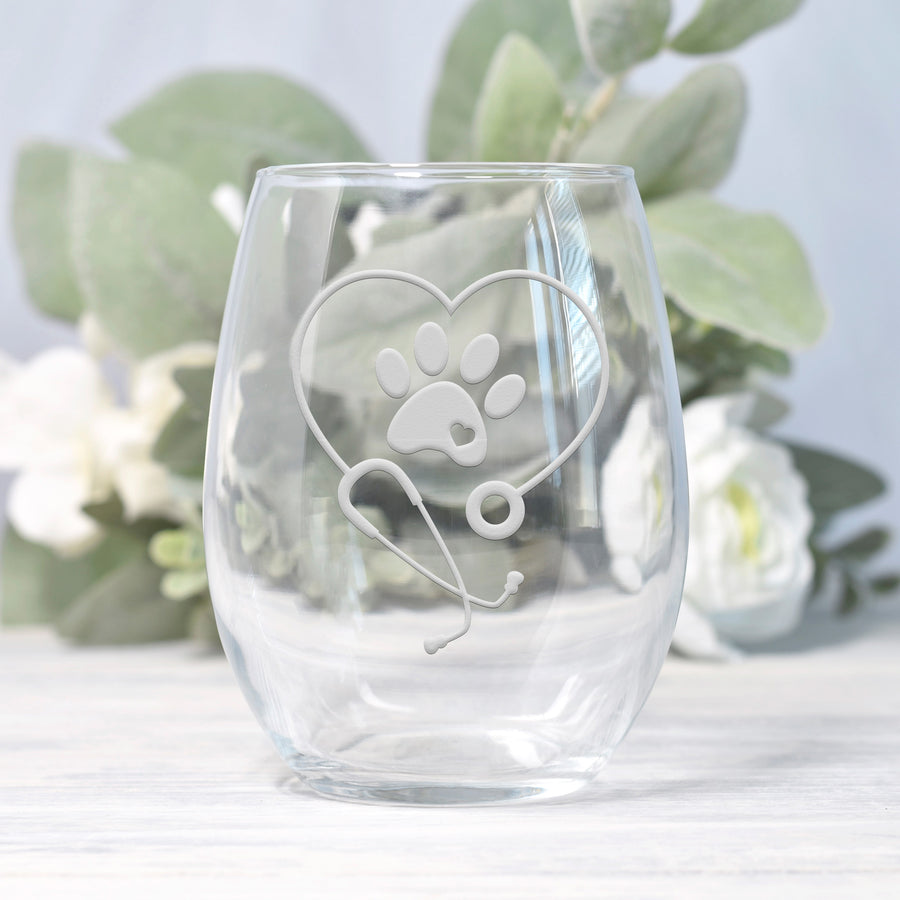 Vet Stethoscope Paw Stemless Wine Glass